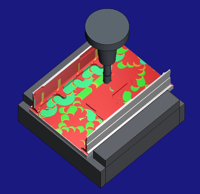 HiNC: a 12 mm long-reach end mill, 54 mm out of its shrink-fit chuck, finishing the floor of the bottom shell's 38.5 mm deep cavity, the chuck above the wall top; the faces this tool has cut are coloured