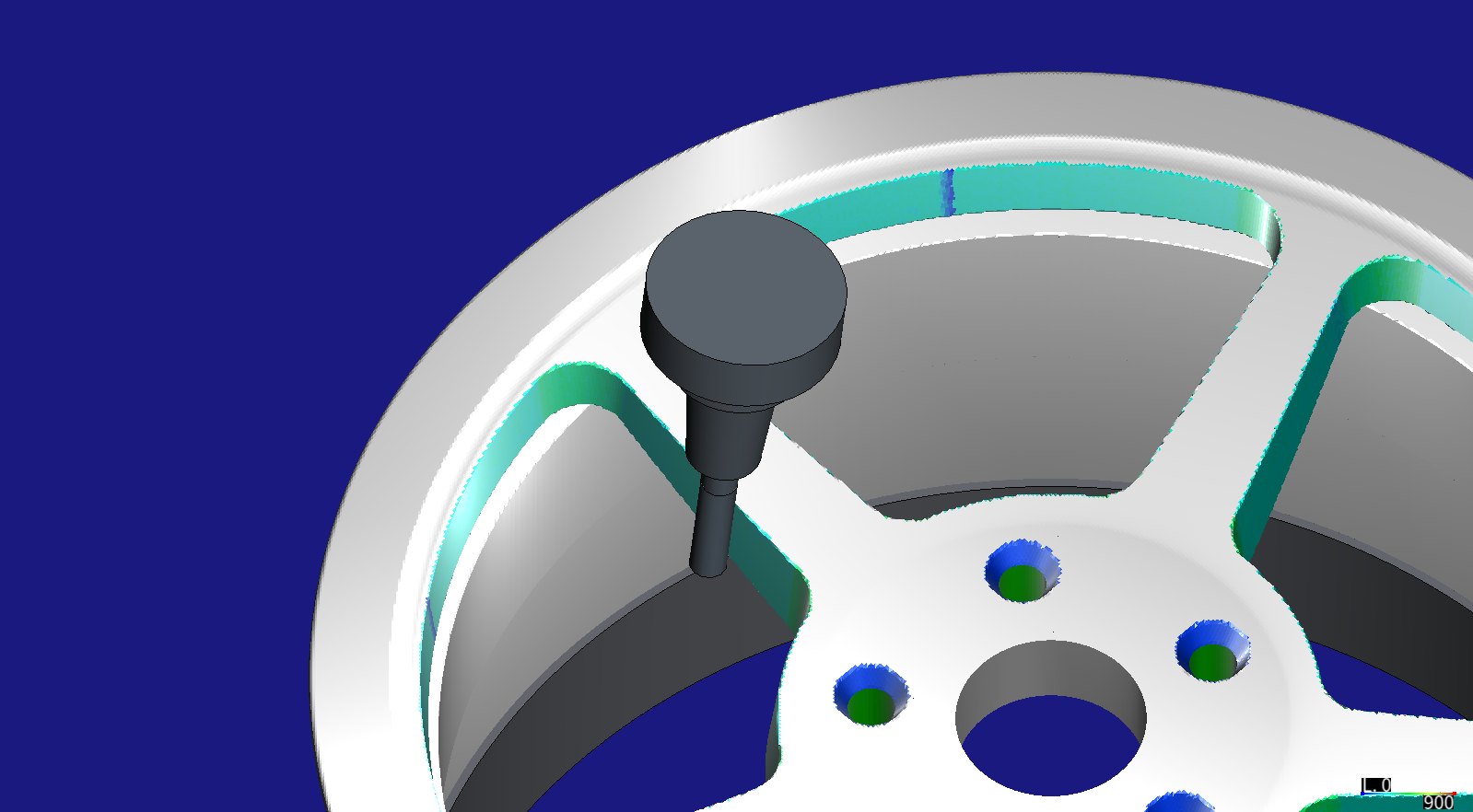 The wheel in HiNC seen from the face: a 12 mm end mill in its shrink-fit holder, tilted 7°, finishing the drafted side of a spoke inside a window; the window walls coloured by cutting force, the stud holes and their seats in view